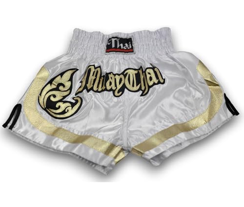 Woldorf USA MMA Boxing Muay Thai Shorts in Satin White Black Gold cutt Letters Size L Martial Arts, Sparring Fitness Gym Equipment Grappling Shorts, Kickboxing Shorts