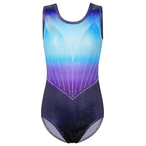 XIUsheUA Maillot de Danza Leotardo de Gimnasia de Diamante for niñas, Mono Degradado, Ropa de actuación sin Mangas, Traje de práctica, Trajes de Ballet Maillot Danza Mujer(Blue Purple,12A)