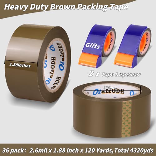 Image of 36 Rolls Brown Packing Tape with Dispenser, 1.88 inch X 120 yd Shipping Tape Bulk, Total 4320 yards, 2.6 mil, 3 inch Core, Tan Packing Tape Refills, Carton Sealing Tape for Moving Boxes, Package, Mailing