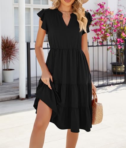 Image of Womens Summer Dress Ruffle Sleeve V Neck Midi Dresses Casual Fit Flowy Tiered Boho Beach Vacation Sundress