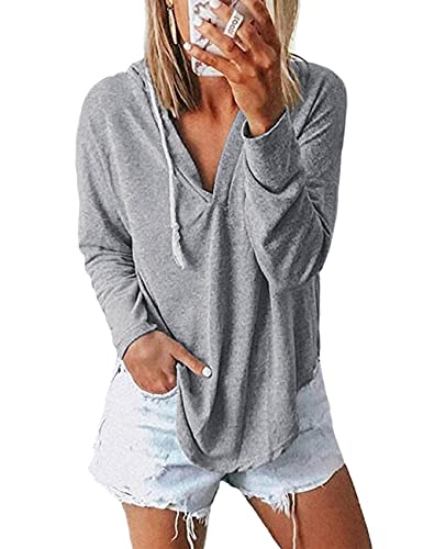 Thin Hoodies for Women Lightweight Long Sleeve V Neck Pullover Tops Light Gray X-Large