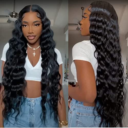 32" Long Curly Synthetic Wigs For Black Women Fake Scalp Wig Deep Wave Lace Front Wig Middle Part Natural Looking, Color 1B# #TOP1