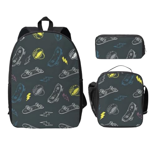Sac à dos d'école léger avec boîte à déjeuner et trousse noire imprimé graffiti skateboard