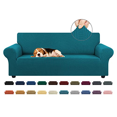 KEKUOU Stretch Sofa Cover Slipcover ，Couch Covers for 3 Cushion Couch Sofa pet Friendly (78"-94") Furniture Protector Sofa with Elastic Bottom for Kids,Dog, Jacquard Small Checked(Large,Peacock Blue)