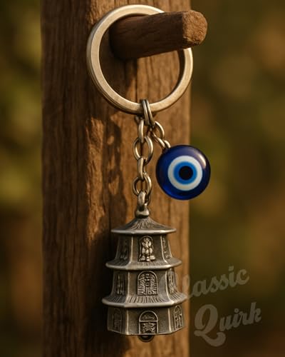 Image of Evil Eye Hooked Guardian Bell Keychain - Protective Lucky Charm Bell with Clip Hook for Bike, Car, Key & Bag | Spiritual Good Luck Talisman Gift