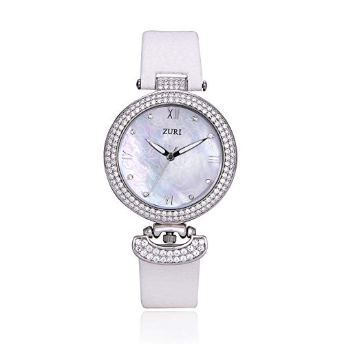 ZURI 925 Sterling Silver Round Shaped Watch for Women(Mother of Pearl-White)