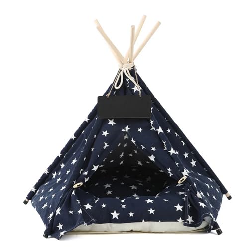 Norvianic Cozy Indoor Pet Cat Teepee BedCombines cat Tent Dog Tent and Dog House functionality into one Portable pet Tent with Plush pad. (Blue (Stars) S)
