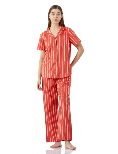 Image of Amazon Brand - Myx Women Cotton Shirt and Relaxed Pajama Set | Night Suit Set (Available in Plus Sizes)