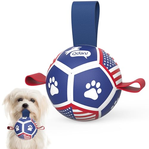 Image of QDAN Puppy Balls, Small Dog Toys, Dog Balls with Straps for Small Breed | 3.5 Inch Small Soccer Ball for Dogs, Puppy Toys for 3-15 lbs Dogs, Dog Birthday Gift, Herding Ball for Small Dogs, Flag