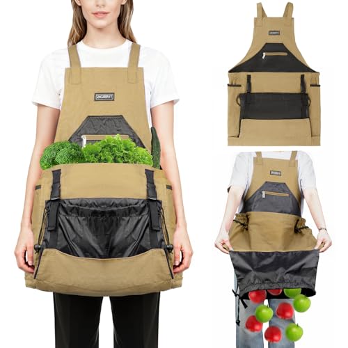 ZIOZERTT Garden Apron,Harvest Apron with Drawstring Bag and Pockets for Women and Men,Canvas Gardening Tool Belt, Gardening Gifts for Mom,Dad,Brown