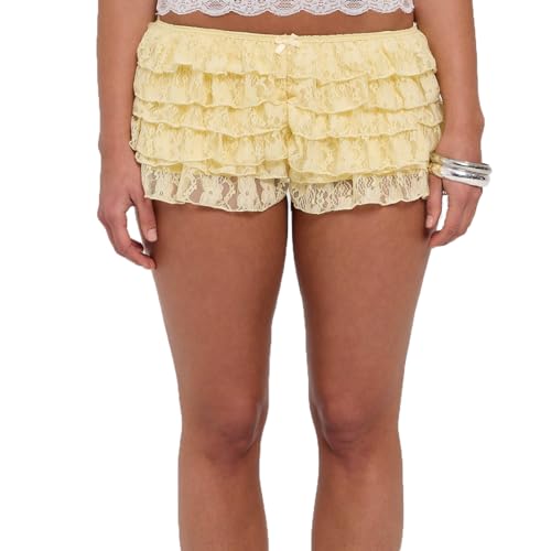 Image of Lace Ruffle Bloomers Women Lolita Mini Shorts Y2k Mesh Pumpkin Micro Boy Bottoms Ruffled Pettipants Layered Panties (Yellow, M)