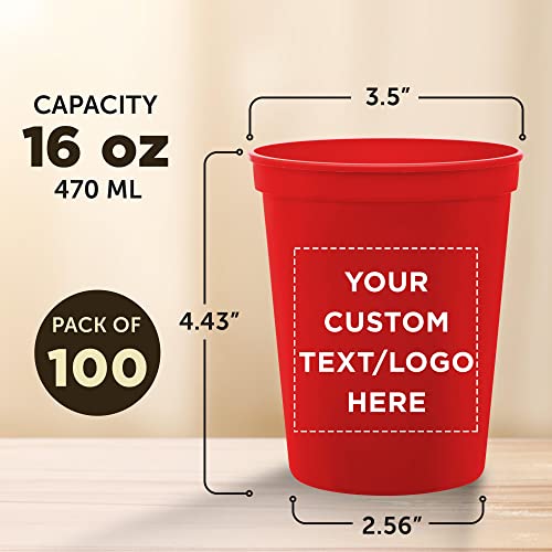 Discount Promos 100 Reusable Plastic Water Cups Set, 16 Oz. - Customizable Text, Logo - Durable, Reusable, Recyclable - Red #TOP4