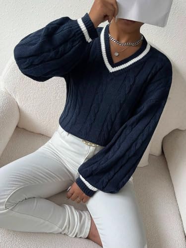 Image of ZAFUL Women's Cropped Sweater V-Neck Long Sleeve Pullover Jumper Knit Top | Crop Length, Ribbed Knit, Double V design, White sweater, Raglan sleeves, lantern sleeve, Fall & Winter, Loose fit, Oversized