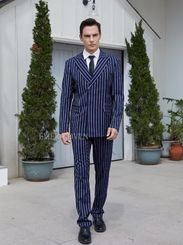EMERAIDVLN Mens 2 Piece Suits Pinstripe Double Breasted Gomez Addams Costume Halloween Party Prom Stripe Blazer and Pants Set3