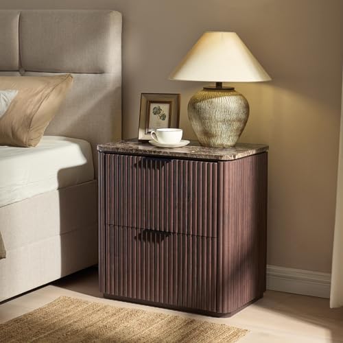 Image of Curved Fluted Nightstand Set of 2, Faux Marble Top, Dark Oak