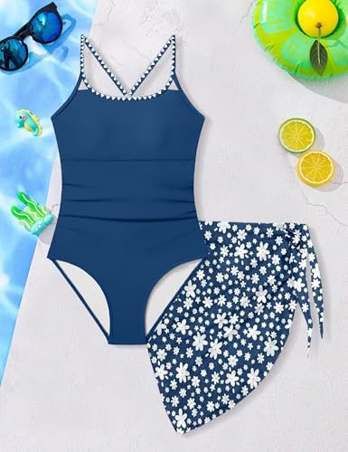 Image of KANGKANG Girls Swimsuit Quick Dry Cut Out One Piece Swimsuits with Tropical Print Cover Up Skirt Bathing Suit Swimwear 7-18Y
