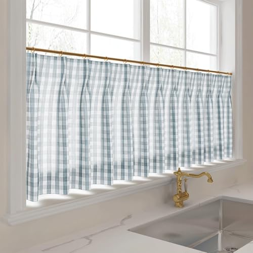 Image of TWOPAGES Pinch Pleat Cafe Curtains 30 Inch Long Buffalo Plaid Light Filtering Farmhouse Half Window Curtains for Bathroom (Light Blue Small Plaid, 26W x 30L Inches, Set of 2)