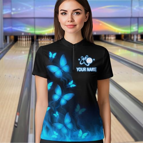 Blue Butterflies Bowling Shirts for Women Men Team Bowling Jerseys Custom Bowling Polo Shirts & Bowling Quarter Zip Shirts3
