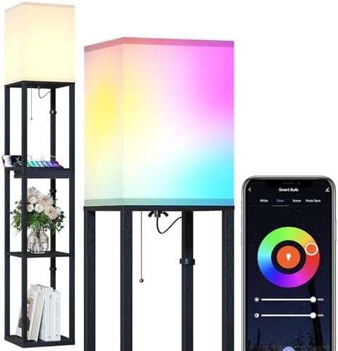 SUNMORY Floor Lamp with Shelves, RGB Light Dimmable Standing Lamp...
