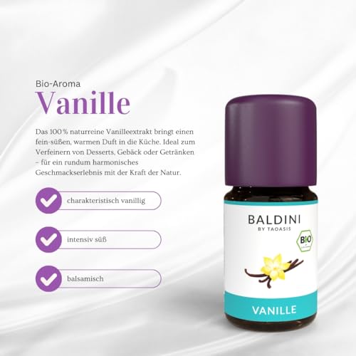 Baldini Bio Vanilleextrakt 5ml - 100% Naturreines Ätherisches Öl - Lebensmittelqualität - Vegan - für Speisen, Getränke, Aroma Diffuser - aus Madagascar