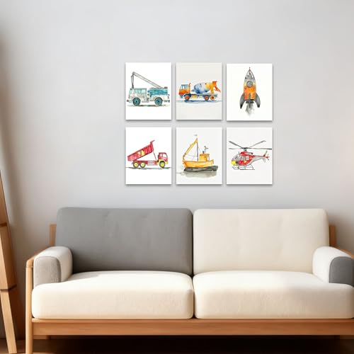 Image of Frimeeme Car Wall Art Boys Room Canvas Wall Decor Nursery Prints, Unframed | Kids Decor with Airplanes, Rockets & Ships for Boys' Nursery, Bedroom & Playroom, 8x10 Inches, Set of 6