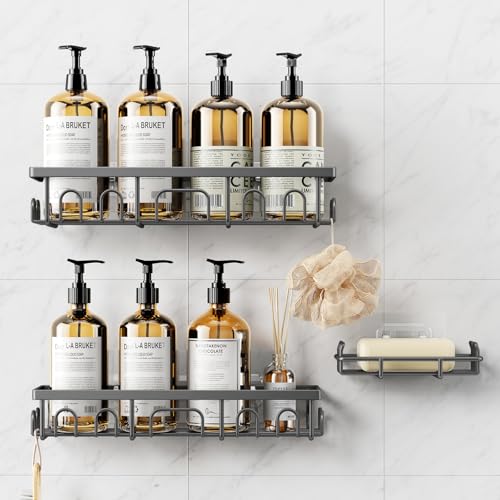 Image of Shower Caddy, 3 Pack Shower Shelves for Inside Bathroom, Rustproof Adhesive Bathroom Organizer with Soap Holder, No Drilling Washroom Organizers and Storage for Bathtub Room /Kitchen /Home, Grey