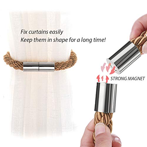 NICEEC 2 Pack Strong Magnetic Curtain Tiebacks Modern Simple Style Drape Tie Backs Convenient Decorative Weave Rope Curtain Holdbacks for Thin or Thick Home & Office Window Draperies (Light Coffee)