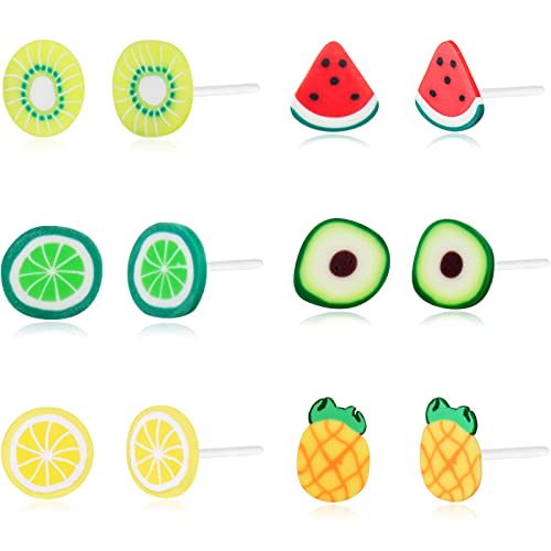 Plastic Earrings, KMEOSCH Plastic Stud Earrings - 6 Pairs of Fun Summer Vibes Earrings for Sensitive Ears (Lemon, Kiwi, Watermelon, Pineapple, Lime and Avocado)