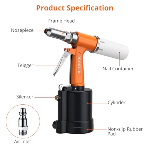 Image of Proster Pneumatic Rivet Gun Air Riveters 3104LBF 4 Nozzles 3 /32 inch-3 /16 inch
