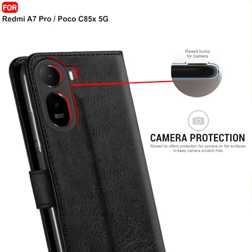 Image of TheGiftKart Genuine Leather Finish Flip Back Cover Case for Mi Redmi A7 Pro /Poco C85x 5G / C81 | Inbuilt Pockets & Stand | Designer Button Magnet Flip Back Cover Case (Faux Leather, Black)