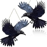 Anglechic 2 Pcs Halloween Crow Door Decor Black Crow Wreath 2D Front Door Decorations Black Bird Gothic Hanging Wooden Sign for Wall Front Porch Indoor Outdoor Spooky Halloween Decor