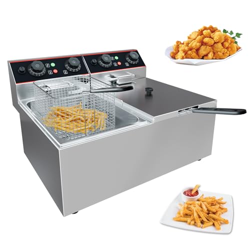GarveeHome Commercial Deep Fryer with Basket, 6.3 QT/6 L Stainless Steel Electric Countertop Fryer with Double Tanks and Temperature Control for Restaurant and Home Use,1500 W+1500 W