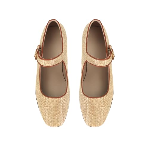 Image of DOEYG Raffia Mary Jane Ballet Flats for Women Square Toe Buckle Strap Ballerina Flats Comfortable Dress Shoes