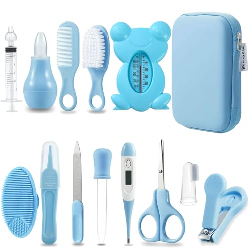 Image of PandaEar Baby Healthcare and Grooming Kit, Baby Safety Set Baby Comb, Brush, Finger Toothbrush, Nail Clippers, Scissors, Nasal Aspirator, Baby Essentials Nursery Care Kit (13-in-1 Blue)