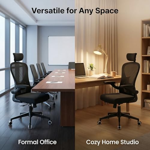 Image of Office Chair, Comfy Desk Chair with High Back Breathable Mesh | 350LBS Capacity Ergonomic Office Chair with Adjustable Lumbar Support & Flip-Up Armrests for Home Offices, Study, Gaming