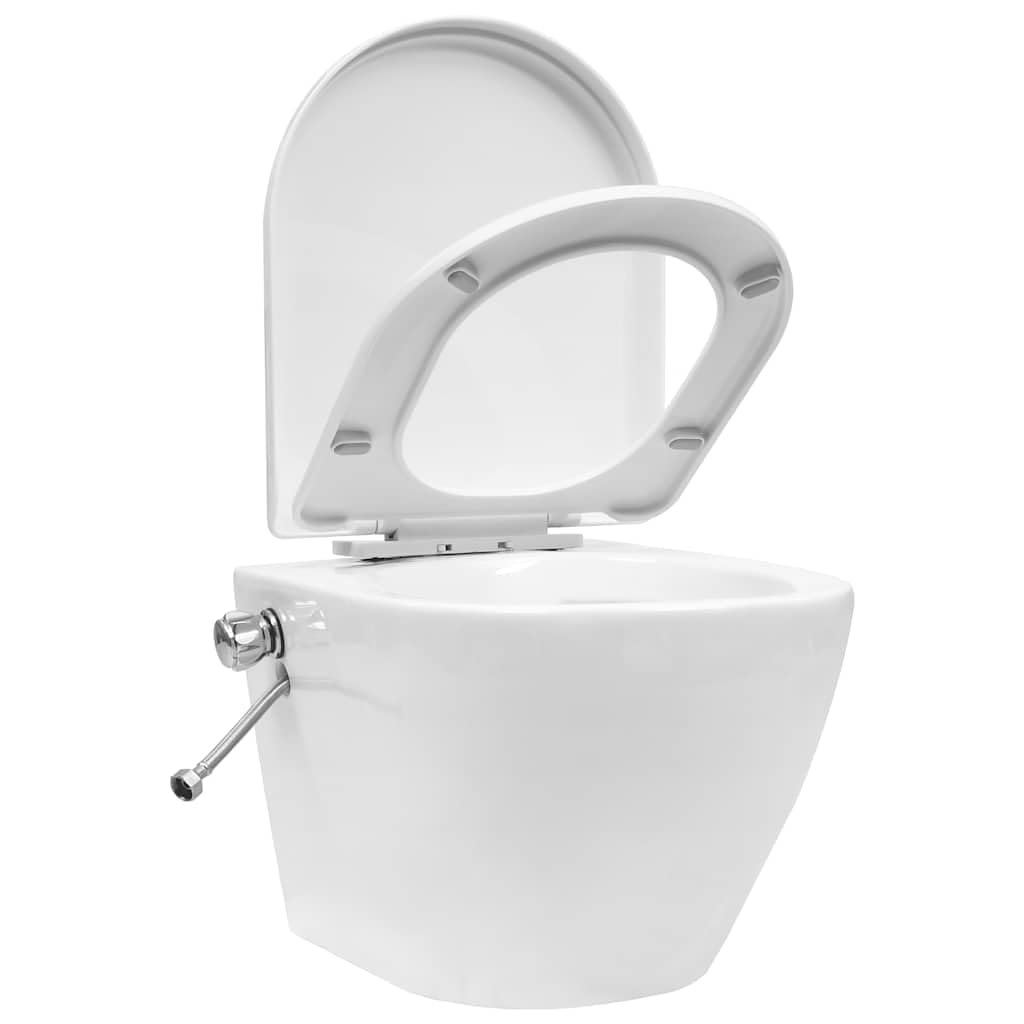 Inodoro de pared sin borde con cisterna oculta empotrable, cerámica blanca, asiento y tapa de cierre suave, para baño e invitados