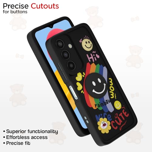 Image of Pikkme Back Cover for Samsung Galaxy M35 5G | Soft Silicone| Cute Rainbow Smile & 3D Cartoon Flower Design | Shockproof Raised Camera Protection Bumper Case (Black)