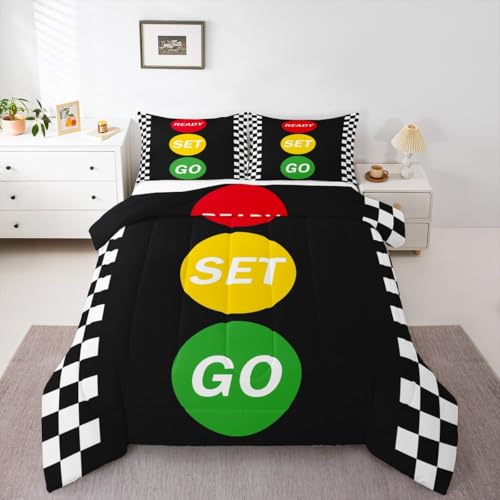 Image of Feelyou Kids Checkered Flags Comforter Set Full Size, Race Sports Bedding Set Karting Road Duvet Insert Boys Girls Teens Bedroom Decor Bed Set 3Pcs