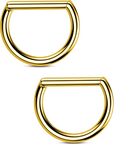 OUFER 2PCS Titanium Nipple Rings D-shaped Gold Nipple Piercing Jewelry 14G Clicker Septum Daith Lightweight Body Piercing Jewelry for Women Men 14MM
