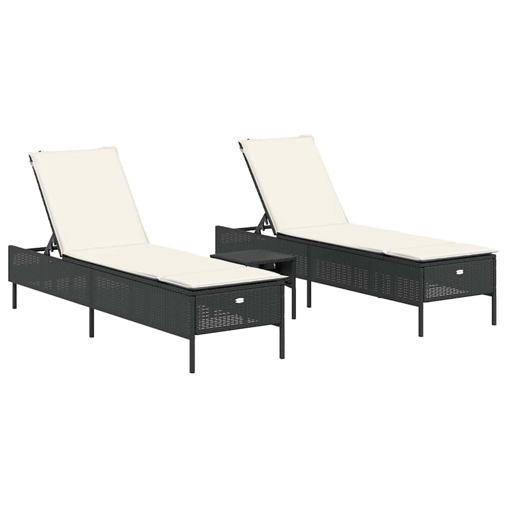 Chaise longue de jardin en rotin avec table d'appoint noire et coussins 198x55 cm