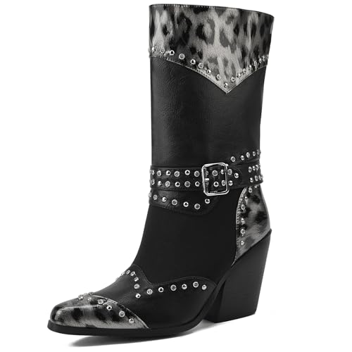 GOSERCE Black Cowboy Boots for Women Mid Calf Cowgirl Boots with White Wings Pattern Pointed Toe Chunky Heel Pull Up Tabs