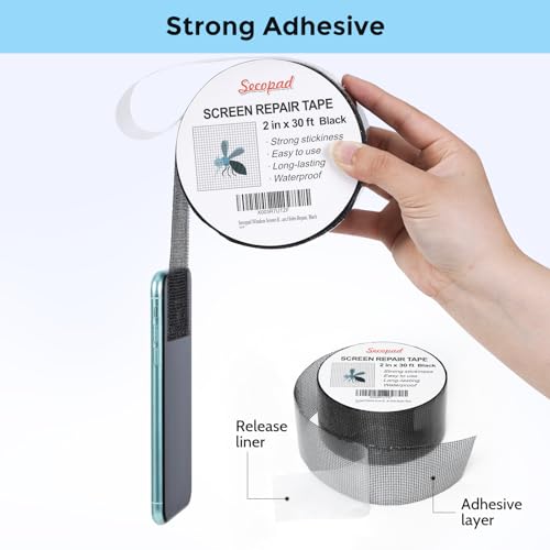 image for Secopad Black Window Screen Repair Tape, 2 in X 30 FT (360IN) Screen R