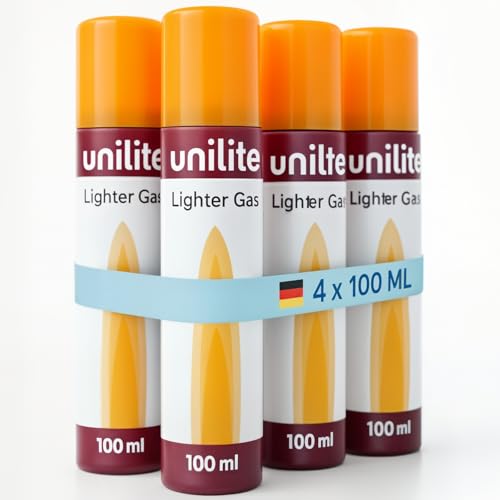 UNILITE 12, 8 oder 4 x Feuerzeuggas 100 ml Kartusche zum nachfüllen für Feuerzeuge, Flambierbrenner, Sturmfeuerzeug, Stabfeuerzeug & Co. – mit 5 x Adapter – Feuerzeug-Gas – Nachfüllgas (4) UNILITE 12, 8 oder 4 x Feuerzeuggas 100 ml Kartusche zum nachfüllen für Feuerzeuge, Flambierbrenner, Sturmfeuerzeug, Stabfeuerzeug & Co. – mit 5 x Adapter – Feuerzeug-Gas – Nachfüllgas (4)