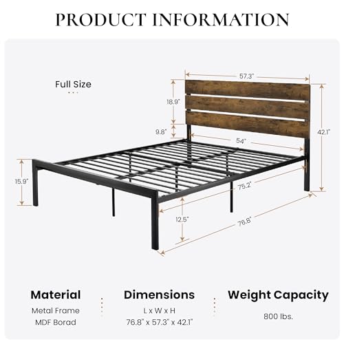 Image of SHA CERLIN Full Size Bed Frame with Rustic Wooden Headboard,3 Boards Design, Heavy Duty Metal Slats Support Platform, No Box Spring Needed, Dark Brown