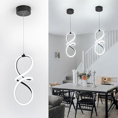 MAYNA Spiral Led Pendant Light Fixture,Modern Led Chandelier, 6000K Adjustable Height Hanging Light Fixture for Kitchen Living Room Bedroom Cafe Table, 1 Pack (Black)