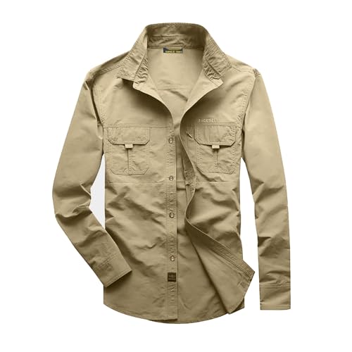 Safari Camicia da uomo a maniche lunghe, per attività all'aria aperta, ad asciugatura rapida, protezione UV, traspirante, bottone, per il tempo libero, slim fit, per escursioni, trekking, O kaki, 4XL