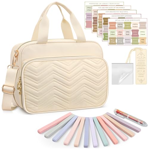 FINPAC Large Bible Cover Case for Women Bible Study Supplies Journaling Kit with Shoulder Strap Christian Gifts Church Bag Beige