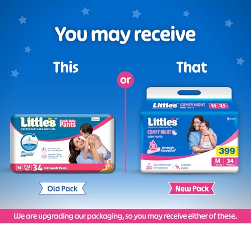 Image of Little's Baby Diapers M Size (Medium) Pants Style | 7-12 kg |102 Count | Comfy Nights Baby Diaper Pants with Leakage Guard & Upto 12 Hours Absorption (34 Count, Pack of 3)