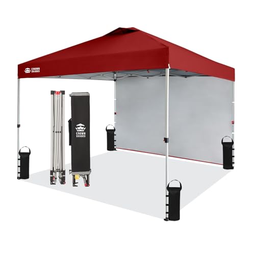 CROWN SHADES 10x10 Pop Up Canopy with 1 Side Wall - Beach Tent with One Push Setup - Outdoor Sun Shade for Events, Parties, Camping - Gazebo with STO-N-Go Cover Bag (Red)