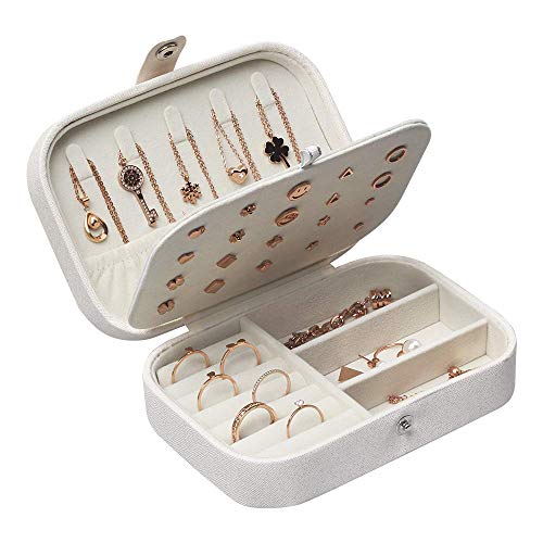 Udream - Portagioie da Viaggio per Ragazze e Donne, in Similpelle, Vari Scomparti, Organizer per Gioielli per Anelli, Orecchini, collane, bracciali, Regali di Compleanno (Bianco)